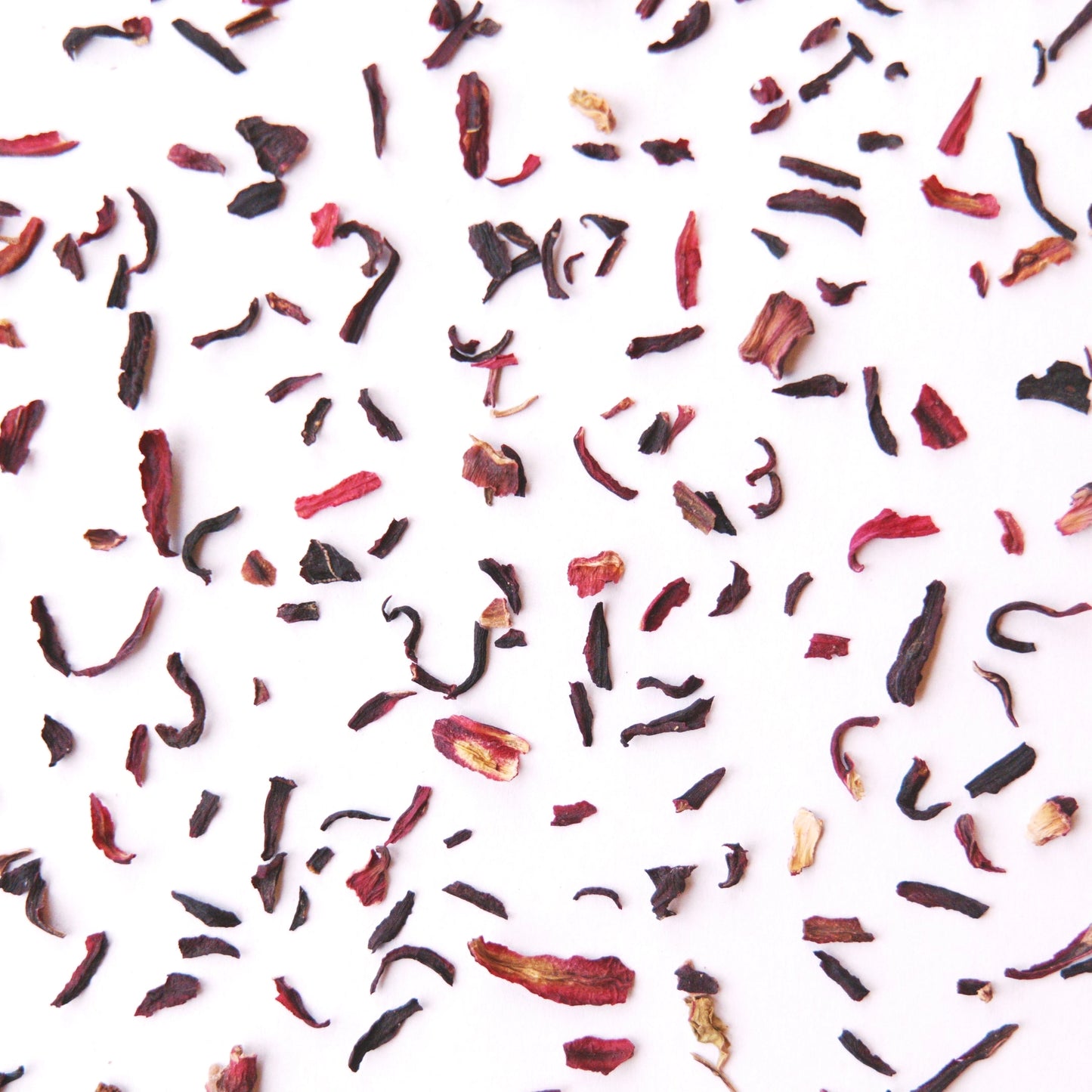 A collection of individual pieces of cut hibiscus flowers arranged on a white background.