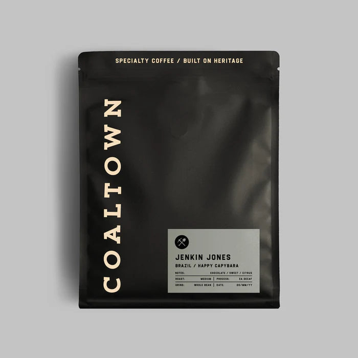 Jenkin Jones decaf coffee bag featuring premium single origin decaffeinated beans from Minas Gerais, Brazil