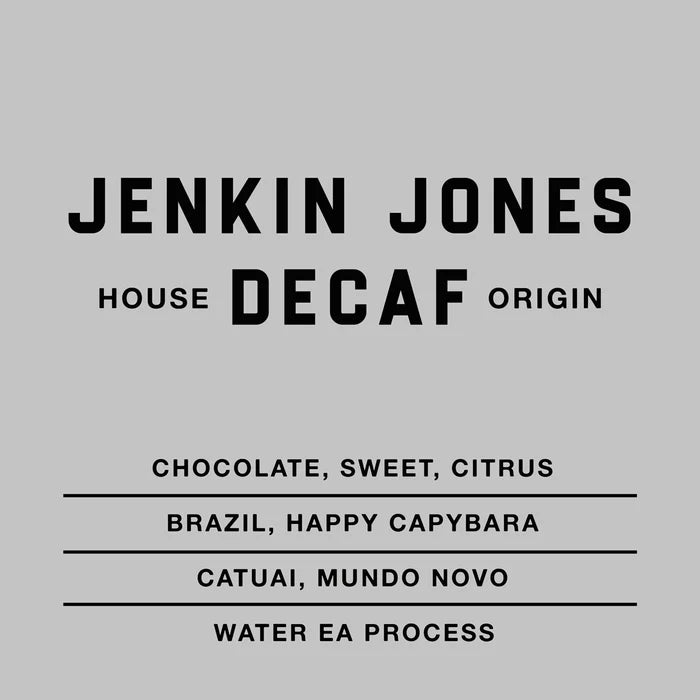 Close-up of Jenkin Jones decaf coffee bag label highlighting Minas Gerais Happy Capybara decaffeinated coffee