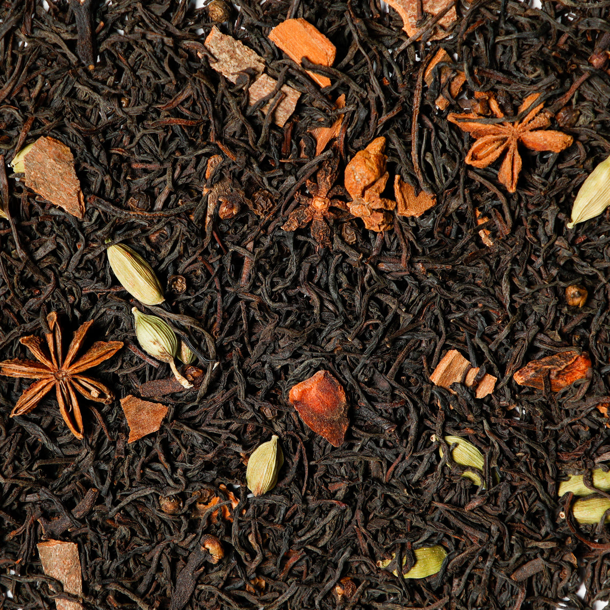 Waterloo Chai Loose Leaf Tea. Blend of Indian Assam Black Tea with Cinnamon, Cardamom, Star Anise, Cloves and Black Pepper. Also known as Masala Chai